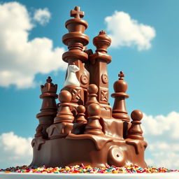 A whimsical chess tower made entirely of chocolate ice cream, intricately designed with chess pieces adorning the exterior
