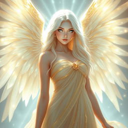 A celestial and divine portrait of a majestic female angel character with radiant, golden wings that shimmer with soft, ethereal light