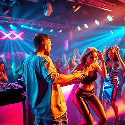 A male DJ performing at a vibrant club scene with dynamic lighting and colorful visuals