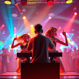 A male DJ performing at a vibrant club scene with dynamic lighting and colorful visuals