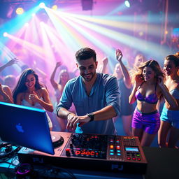 A male DJ performing at a vibrant club scene with dynamic lighting and colorful visuals