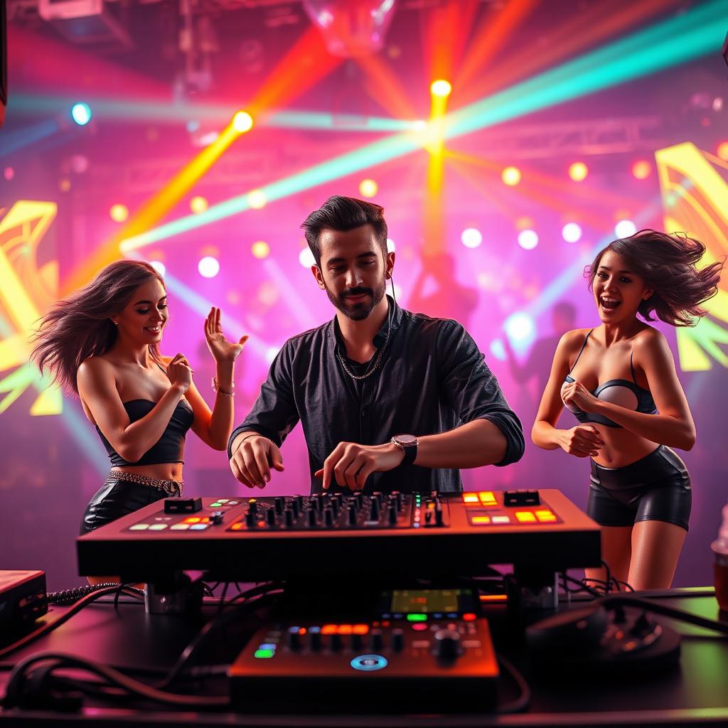 A male DJ performing at a vibrant club scene with dynamic lighting and colorful visuals
