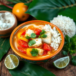 A beautifully presented traditional Moqueca de Peixe, a Brazilian fish stew