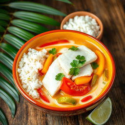 A beautifully presented traditional Moqueca de Peixe, a Brazilian fish stew