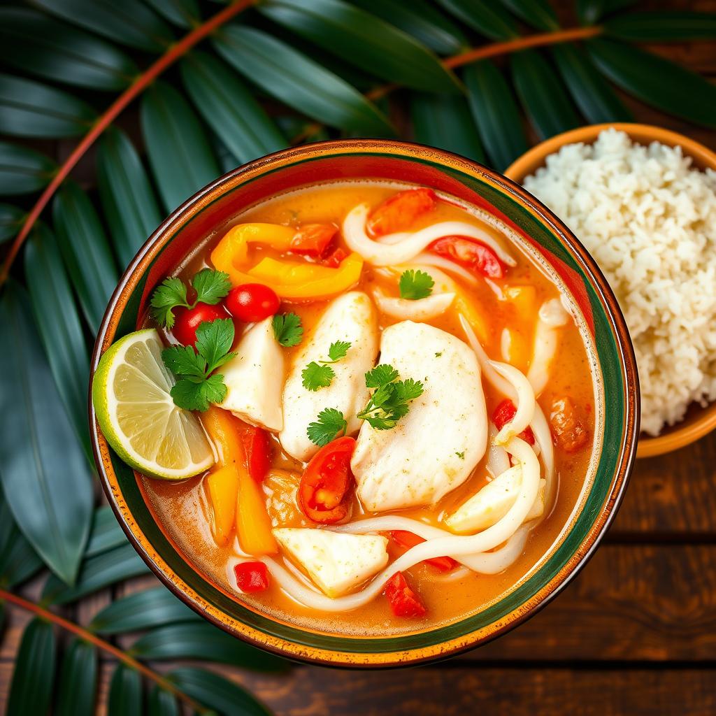 A beautifully presented traditional Moqueca de Peixe, a Brazilian fish stew