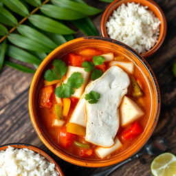 A beautifully presented traditional Moqueca de Peixe, a Brazilian fish stew