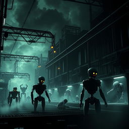 A spooky, eerie site depicting a dark factory that is eerily controlled by sinister-looking robots