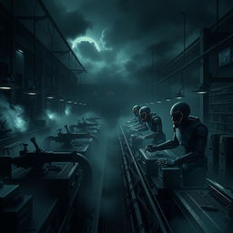 A spooky, eerie site depicting a dark factory that is eerily controlled by sinister-looking robots