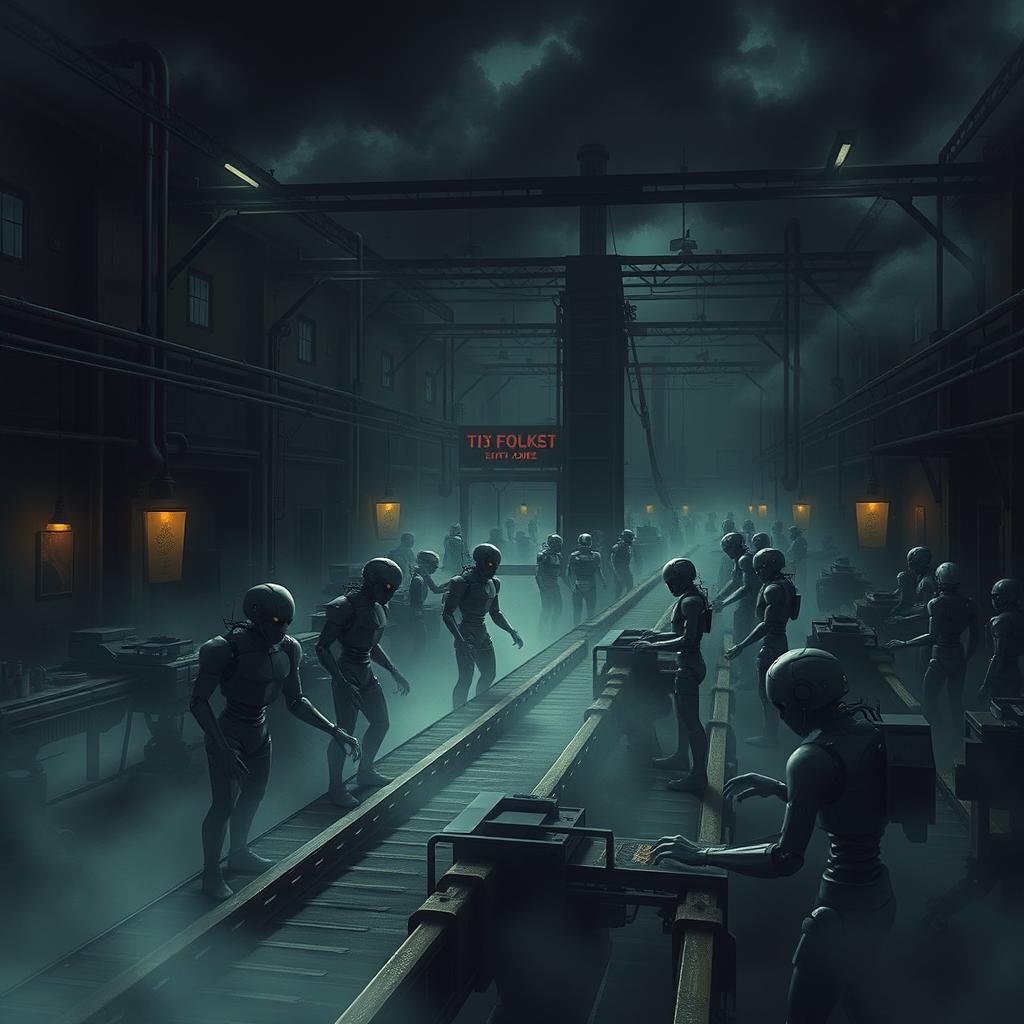 A spooky, eerie site depicting a dark factory that is eerily controlled by sinister-looking robots