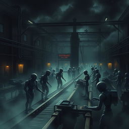 A spooky, eerie site depicting a dark factory that is eerily controlled by sinister-looking robots