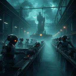 A spooky, eerie site depicting a dark factory that is eerily controlled by sinister-looking robots