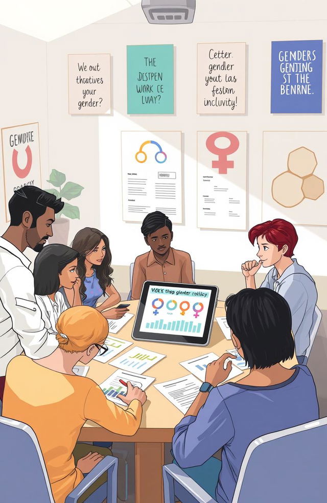 An informative and visually appealing illustration representing gender policy, featuring diverse individuals of different genders and ethnicities engaged in discussions around a large table covered with papers, charts, and a digital tablet displaying gender statistics