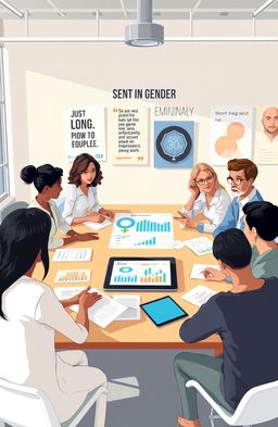 An informative and visually appealing illustration representing gender policy, featuring diverse individuals of different genders and ethnicities engaged in discussions around a large table covered with papers, charts, and a digital tablet displaying gender statistics