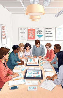An informative and visually appealing illustration representing gender policy, featuring diverse individuals of different genders and ethnicities engaged in discussions around a large table covered with papers, charts, and a digital tablet displaying gender statistics