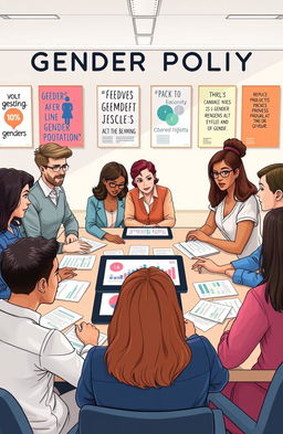 An informative and visually appealing illustration representing gender policy, featuring diverse individuals of different genders and ethnicities engaged in discussions around a large table covered with papers, charts, and a digital tablet displaying gender statistics