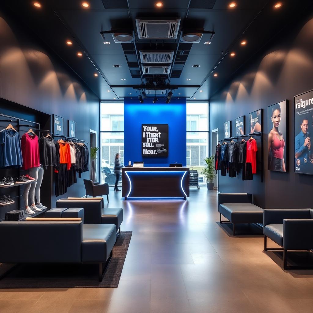 A modern gym reception area that combines dark gray and royal blue color palette, featuring sleek designs and contemporary furnishings