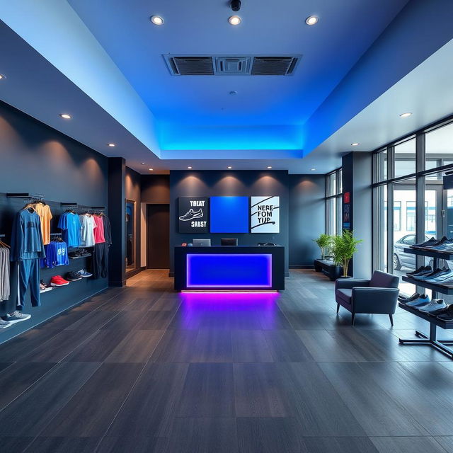 A modern gym reception area that combines dark gray and royal blue color palette, featuring sleek designs and contemporary furnishings