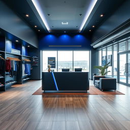 A modern gym reception area that combines dark gray and royal blue color palette, featuring sleek designs and contemporary furnishings