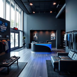 A modern gym reception area that combines dark gray and royal blue color palette, featuring sleek designs and contemporary furnishings