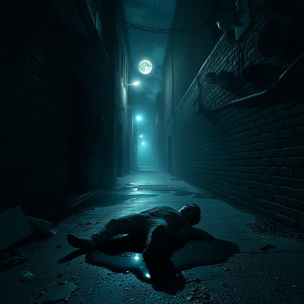 A dimly lit alley street at night, enveloped in an unsettling horror atmosphere