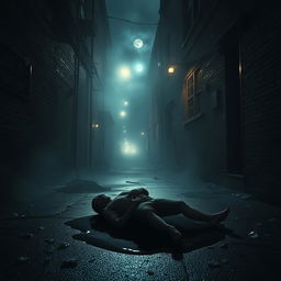 A dimly lit alley street at night, enveloped in an unsettling horror atmosphere