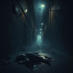 A dimly lit alley street at night, enveloped in an unsettling horror atmosphere
