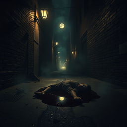 A dimly lit alley street at night, enveloped in an unsettling horror atmosphere