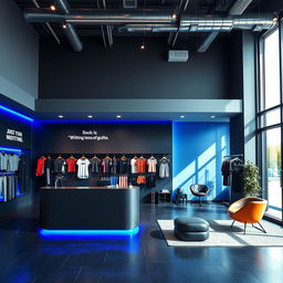 A stylish gym reception area featuring a color palette of dark gray and royal blue