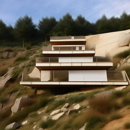 A building design with stair partitions from ground floor to the attic, located in hilly terrain