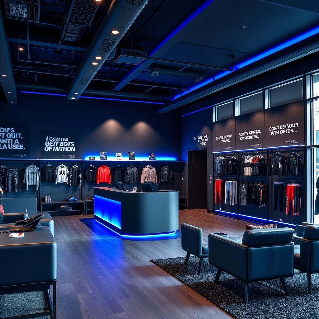 A stylish gym reception area featuring a color palette of dark gray and royal blue