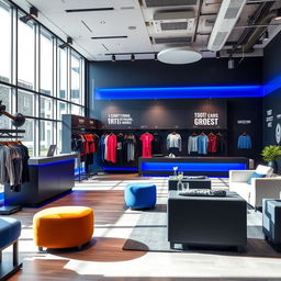A stylish gym reception area featuring a color palette of dark gray and royal blue