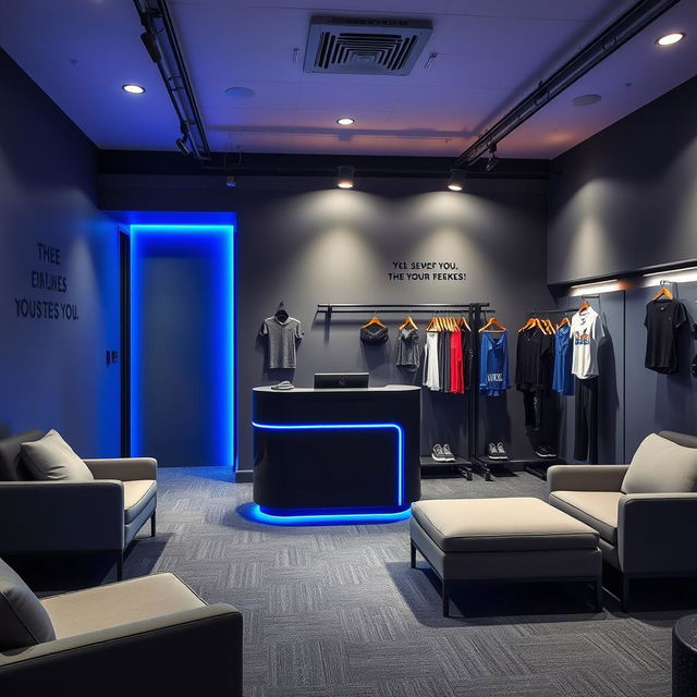 A small gym reception area designed with a color palette of dark gray and royal blue