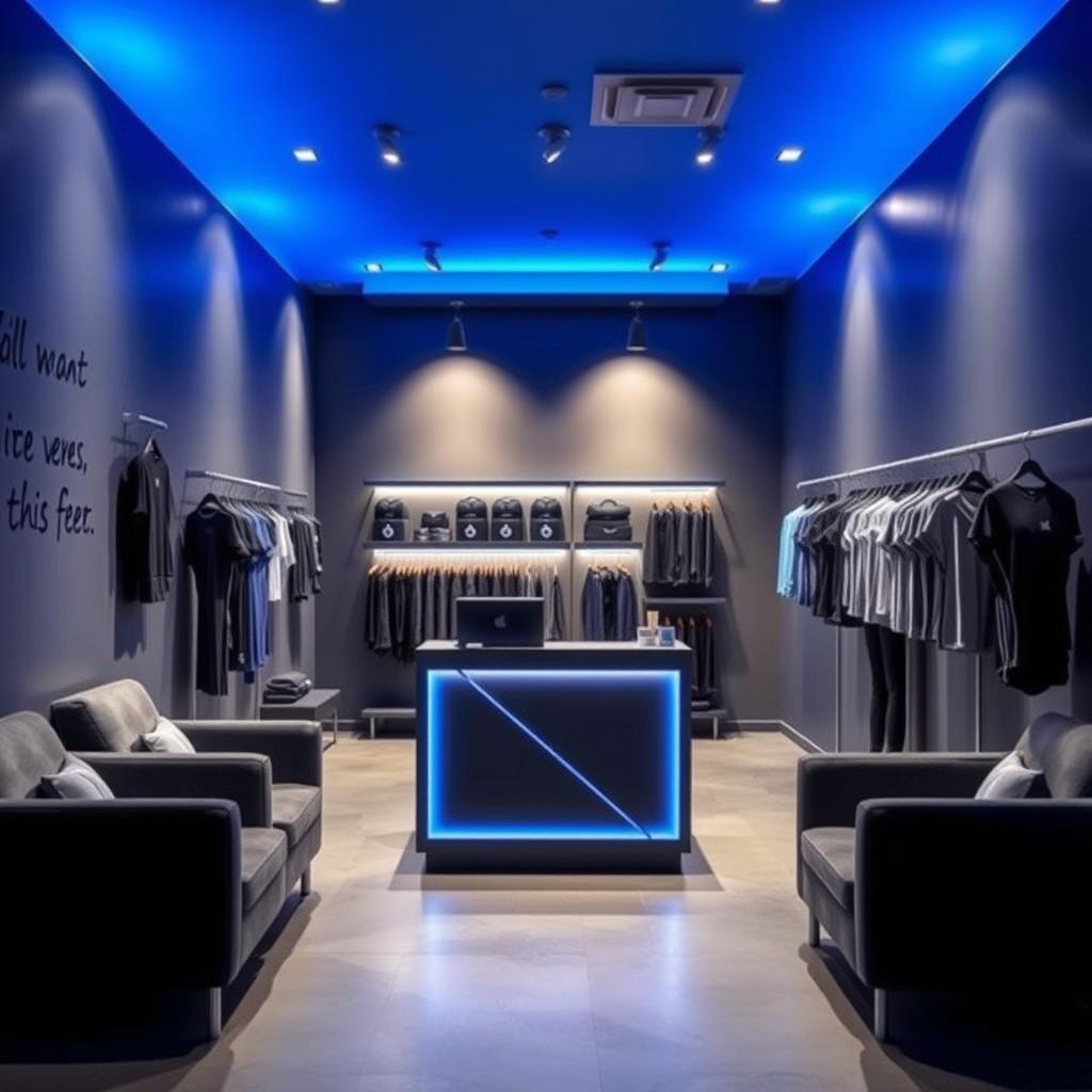 A small gym reception area designed with a color palette of dark gray and royal blue