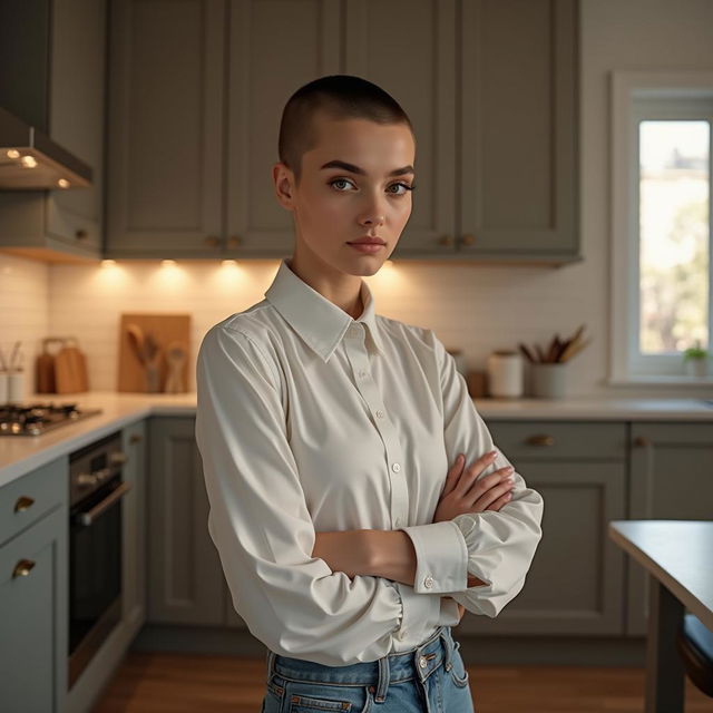 A photorealistic image of a young lady with a buzzcut hairstyle standing confidently in a modern kitchen