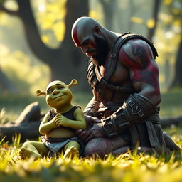 A unique and heartwarming scene featuring Kratos from God of War peacefully praying alongside Shrek, the beloved ogre from DreamWorks