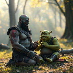 A unique and heartwarming scene featuring Kratos from God of War peacefully praying alongside Shrek, the beloved ogre from DreamWorks