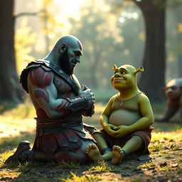 A unique and heartwarming scene featuring Kratos from God of War peacefully praying alongside Shrek, the beloved ogre from DreamWorks