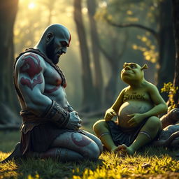 A unique and heartwarming scene featuring Kratos from God of War peacefully praying alongside Shrek, the beloved ogre from DreamWorks