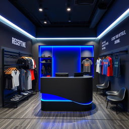 A compact gym reception area designed with a color palette of dark gray and royal blue