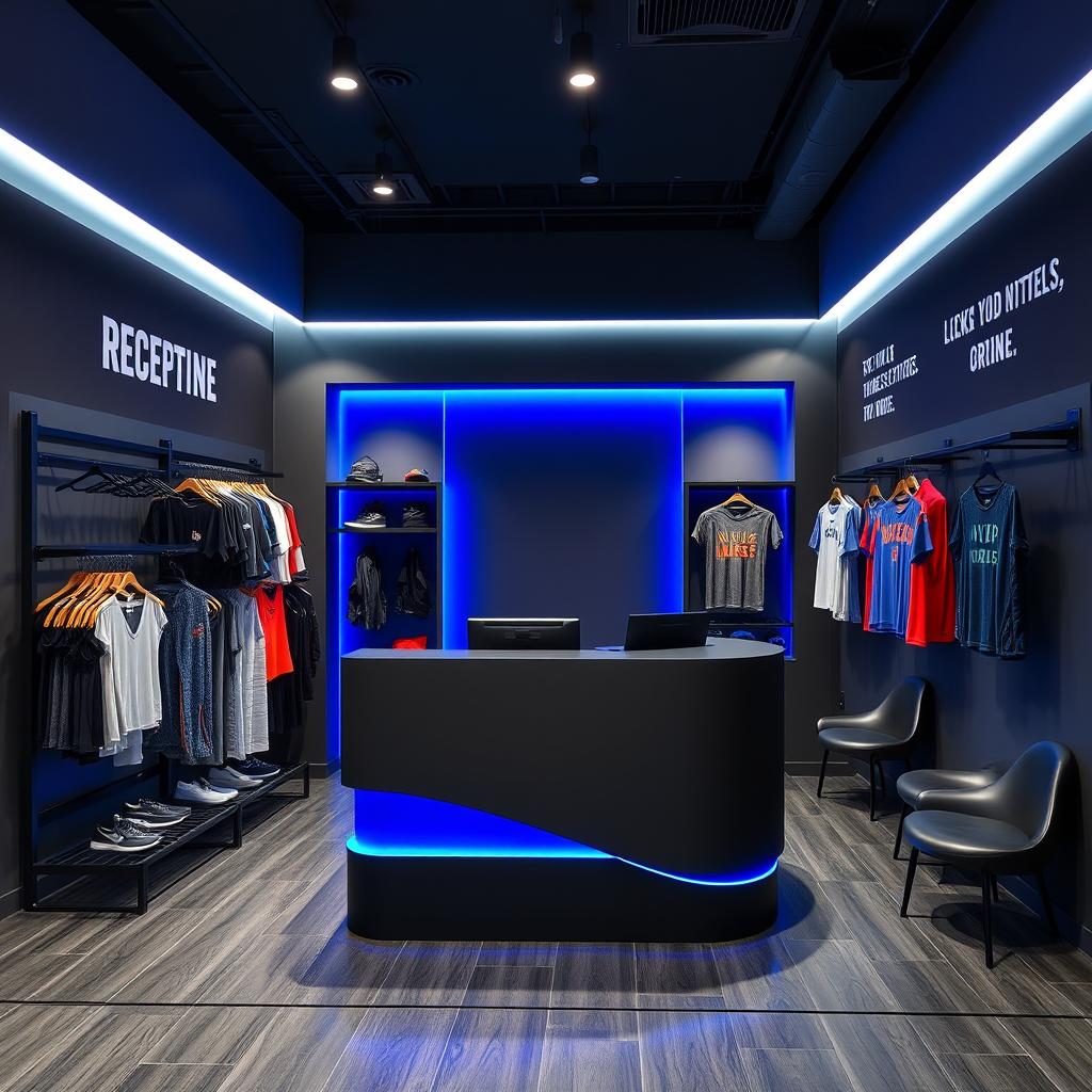 A compact gym reception area designed with a color palette of dark gray and royal blue