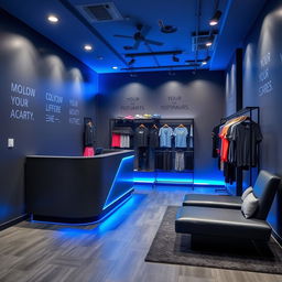 A compact gym reception area designed with a color palette of dark gray and royal blue