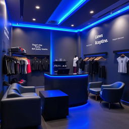 A compact gym reception area designed with a color palette of dark gray and royal blue