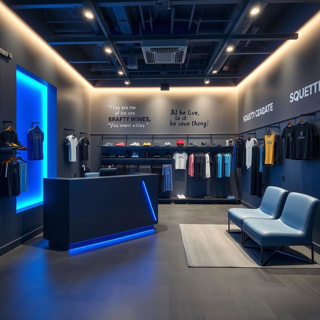 A compact gym reception area designed with a color palette of dark gray and royal blue