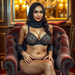A 25-year-old Arab woman in lingerie with a hijab, showcasing her curvy figure and large breasts