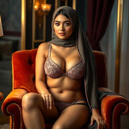 A 25-year-old Arab woman in lingerie with a hijab, showcasing her curvy figure and large breasts