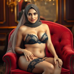 A 25-year-old Arab woman in lingerie with a hijab, showcasing her curvy figure and large breasts