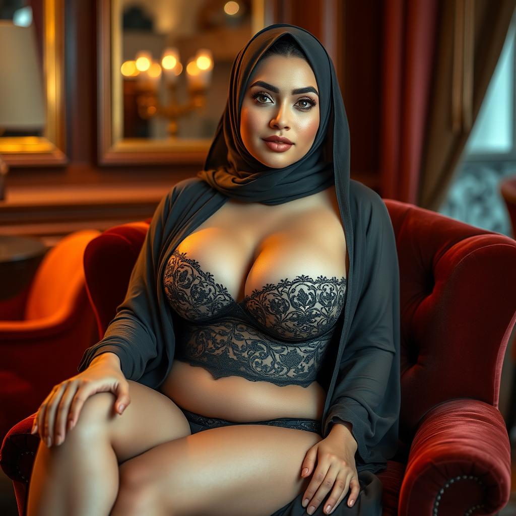 A 25-year-old Arab woman in lingerie with a hijab, showcasing her curvy figure and large breasts