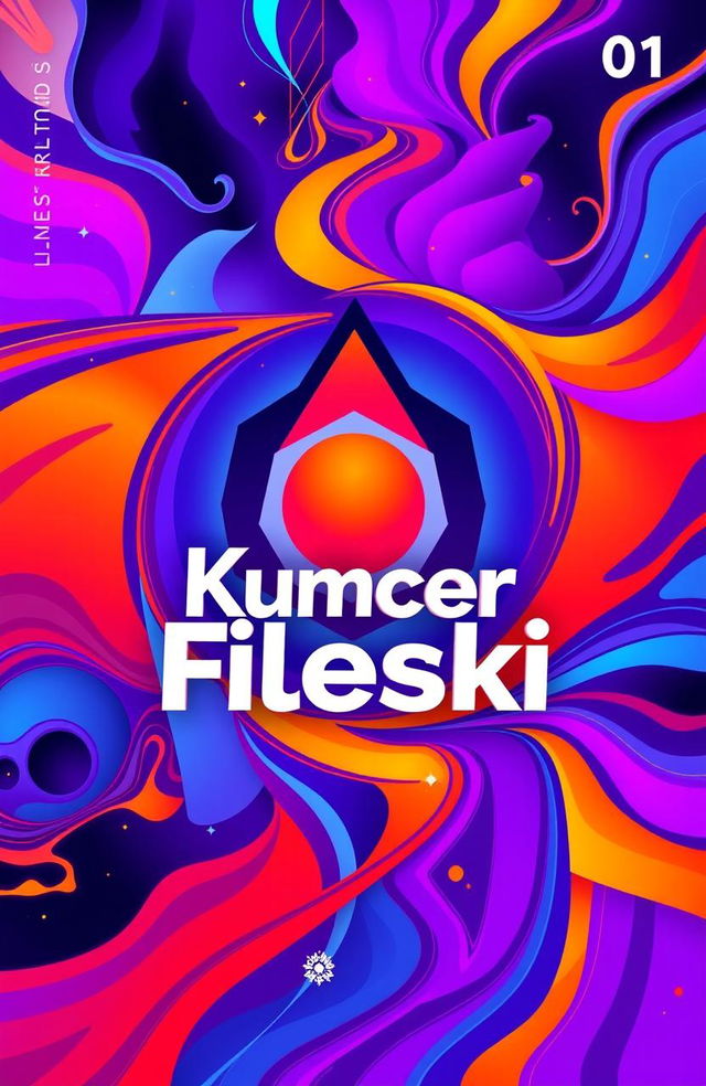 An abstract album cover for "Kumcer Fileski #01", featuring vibrant geometric shapes and a psychedelic color palette of deep purples, bright oranges, and electric blues