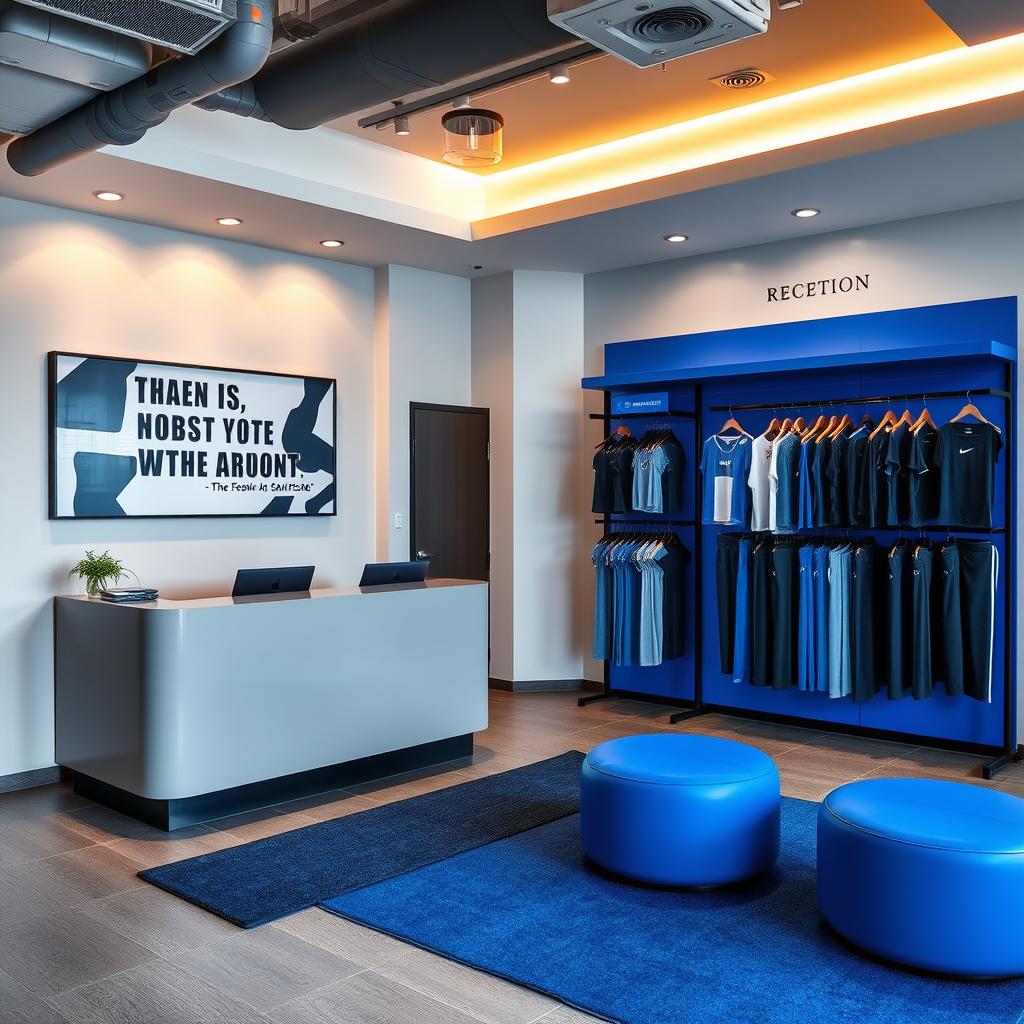 A compact gym reception area designed with a color palette of gray and royal blue