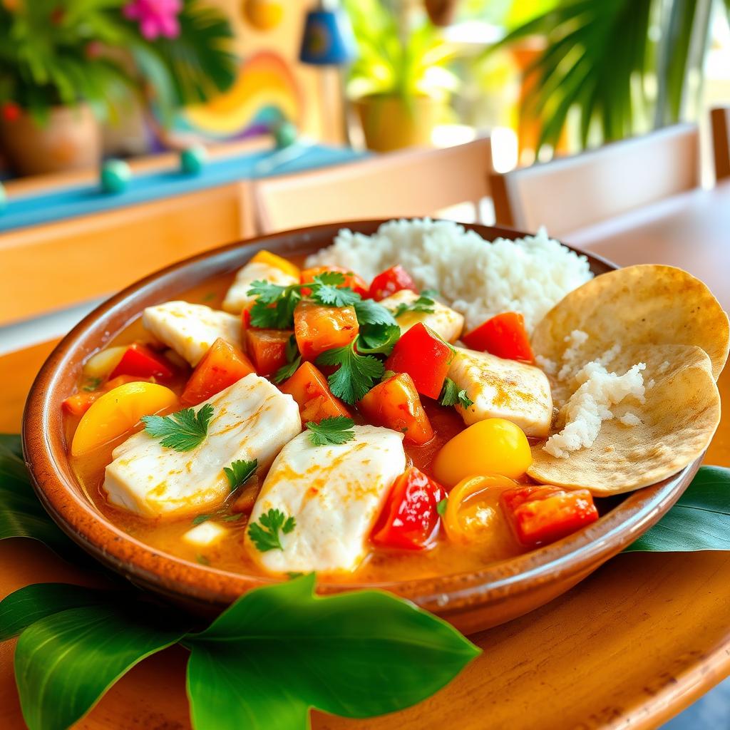 A beautifully arranged plate of Moqueca de Peixe, a traditional Brazilian fish stew